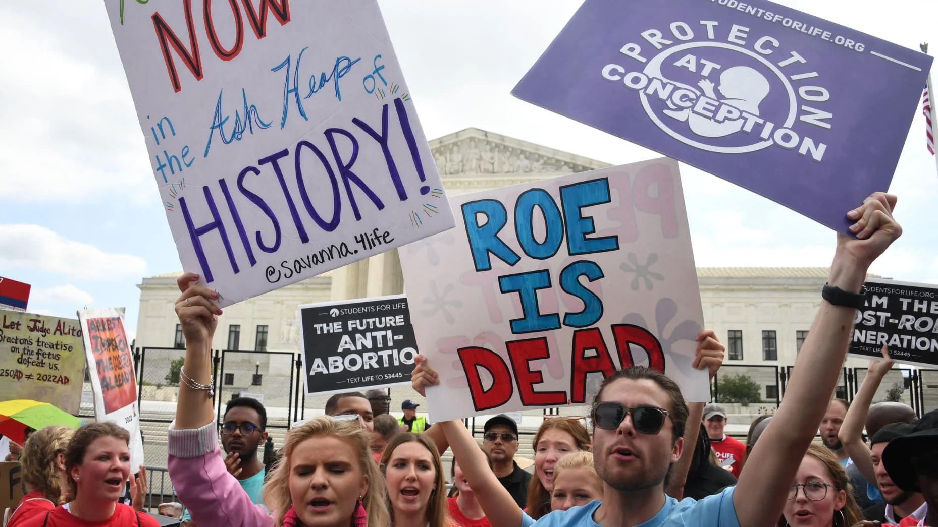 Pro-life supporters celebrate outside the US Supreme Court in Washington, DC, on June 24, 2022.